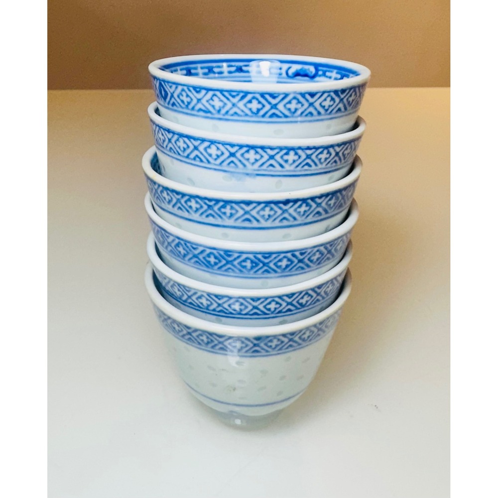 Set of 6 Vintage Chinese Blue & White Rice Grain Porcelain Tea Cups 2"